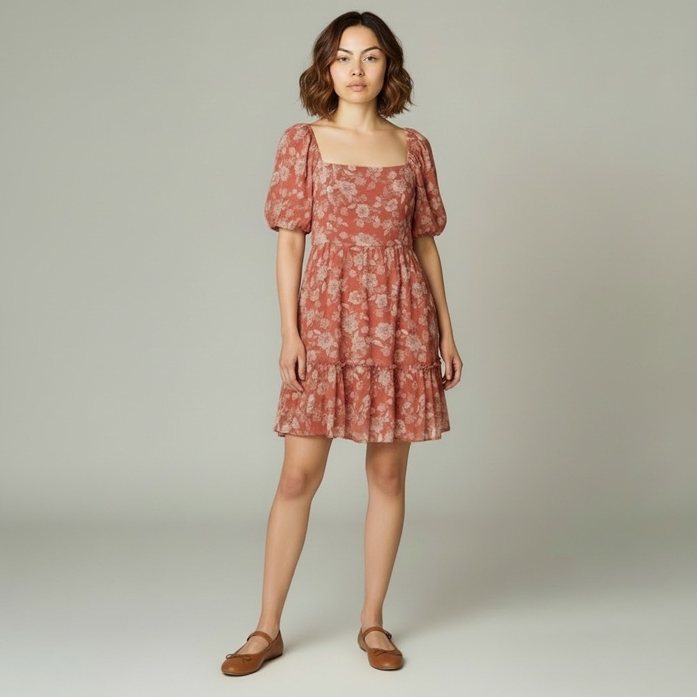 Anthropolgie x Blu Pepper |‎ Floral Puff Sleeve Tiered Mini Dress M Coral Pink